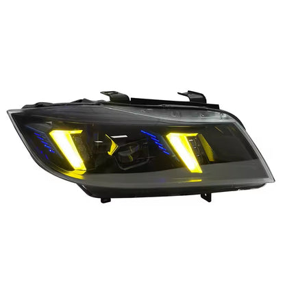 Vekto dual-color laser LED headlights installed on a BMW 3 Series E90 2005-2012, showing the bright, modern headlight design.