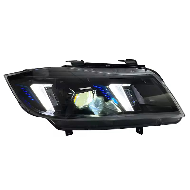 Vekto dual-color laser LED headlights for BMW 3 Series E90 2005-2012, showing sleek headlight design with bright illumination.