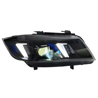Vekto dual-color laser LED headlights for BMW 3 Series E90 2005-2012, showing sleek headlight design with bright illumination.