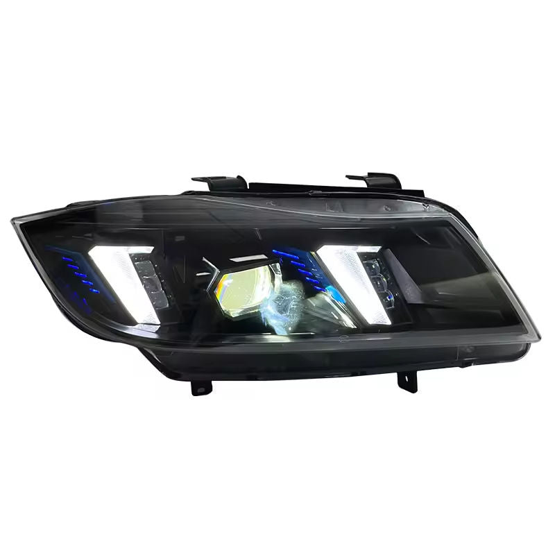 Vekto dual-color laser LED headlights for BMW 3 Series E90 2005-2012, showcasing sleek design and bright illumination.