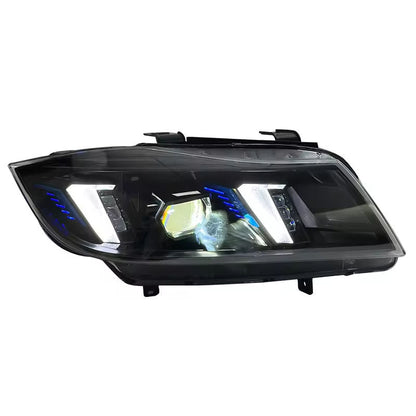 Vekto dual-color laser LED headlights for BMW 3 Series E90 2005-2012, showcasing sleek design and bright illumination.