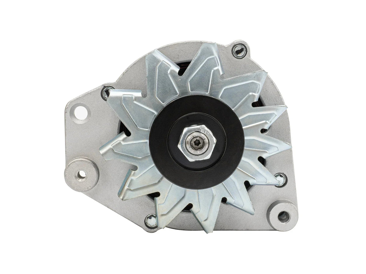 GoWesty 90A water-cooled vanagon alternator with pulley, side profile view showing electrical connections and cooling components.
