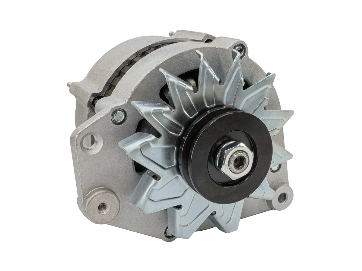 GoWesty 90A water-cooled Vanagon alternator with pulley, side profile view showing metal casing and electrical connections.
