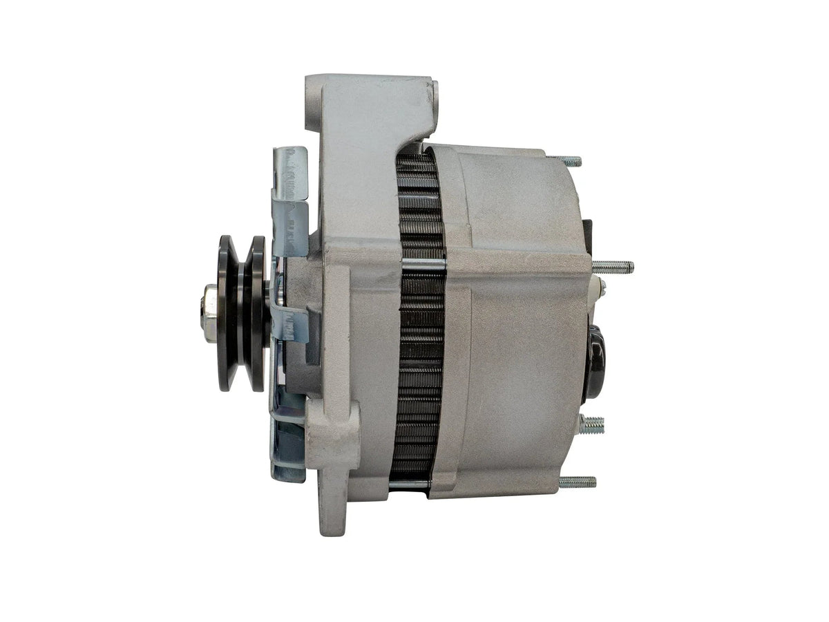 Watercooled 90A GoWesty Alternator for Vanagon, side profile view showing cooling components and mounting points.