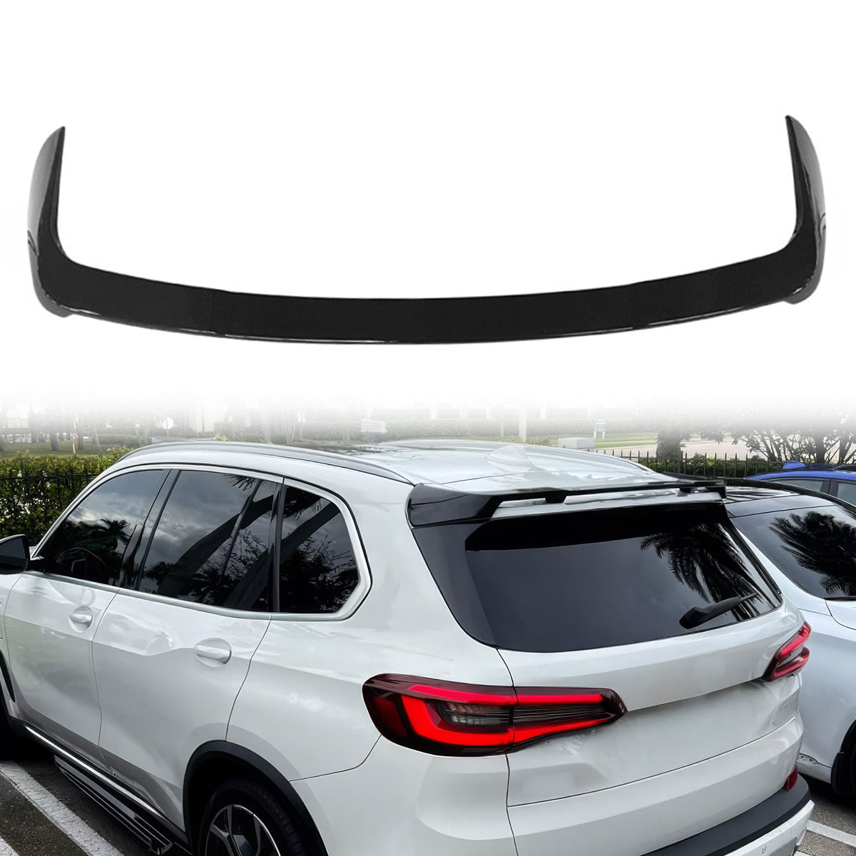 BMW G05 X5 2019-2022 rear roof spoiler lip wing by K2 Industries, matte black ABS spoiler with HM style design