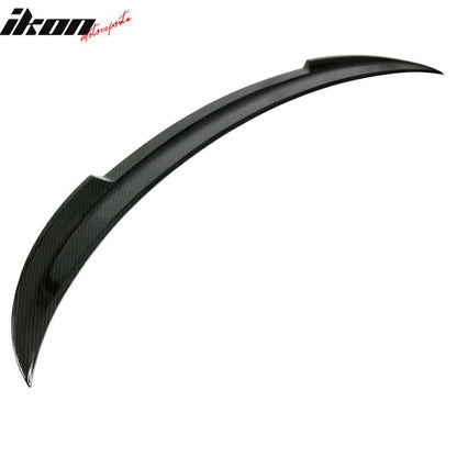 Black carbon fiber trunk spoiler for BMW E90 M4 by K2 Industries, enhances aerodynamics and sporty look.