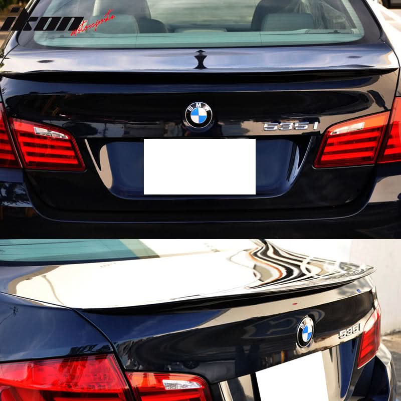 BMW F10 5 Series rear trunk lid spoiler wing lip in PU, OE style, by K2 Industries, shown on a 2011-2017 vehicle with a border.