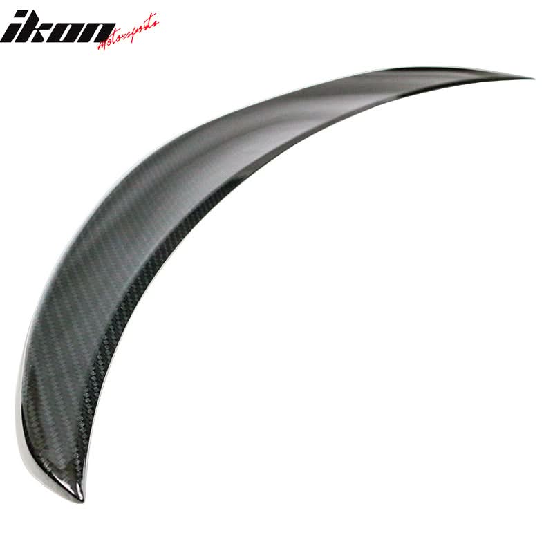 BMW F30 F80 M3 trunk spoiler in carbon fiber print by K2 Industries, displayed on a sedan with a close-up view of the spoiler.