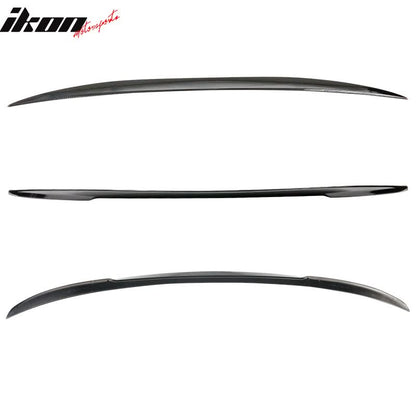 BMW F30 F80 M3 trunk spoiler by K2 Industries in carbon fiber print, shown installed on the sedan with a sleek aerodynamic design.