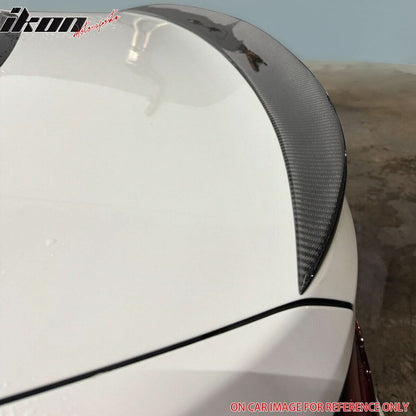 BMW F30 F80 M3 trunk spoiler in carbon fiber print by K2 Industries, showcasing the sleek aerodynamic design on the sedan.
