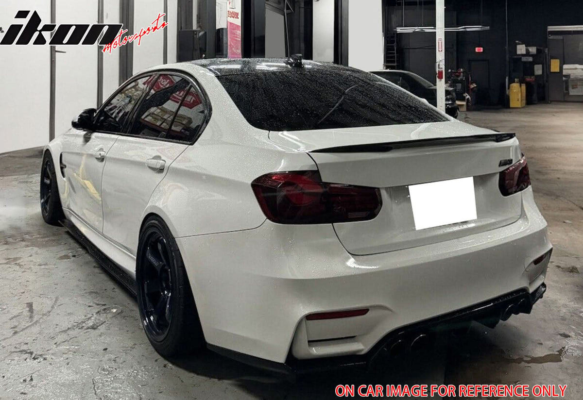 BMW F30 F80 M3 carbon fiber trunk spoiler by K2 Industries, sleek aerodynamic wing for 2012-2019 sedan with a sporty appearance.