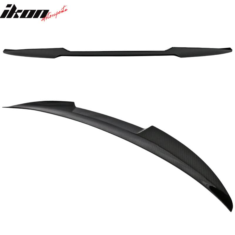 BMW F82 M4 coupe trunk spoiler in carbon fiber print by K2 Industries, showcasing sleek aerodynamic design with a smooth finish.