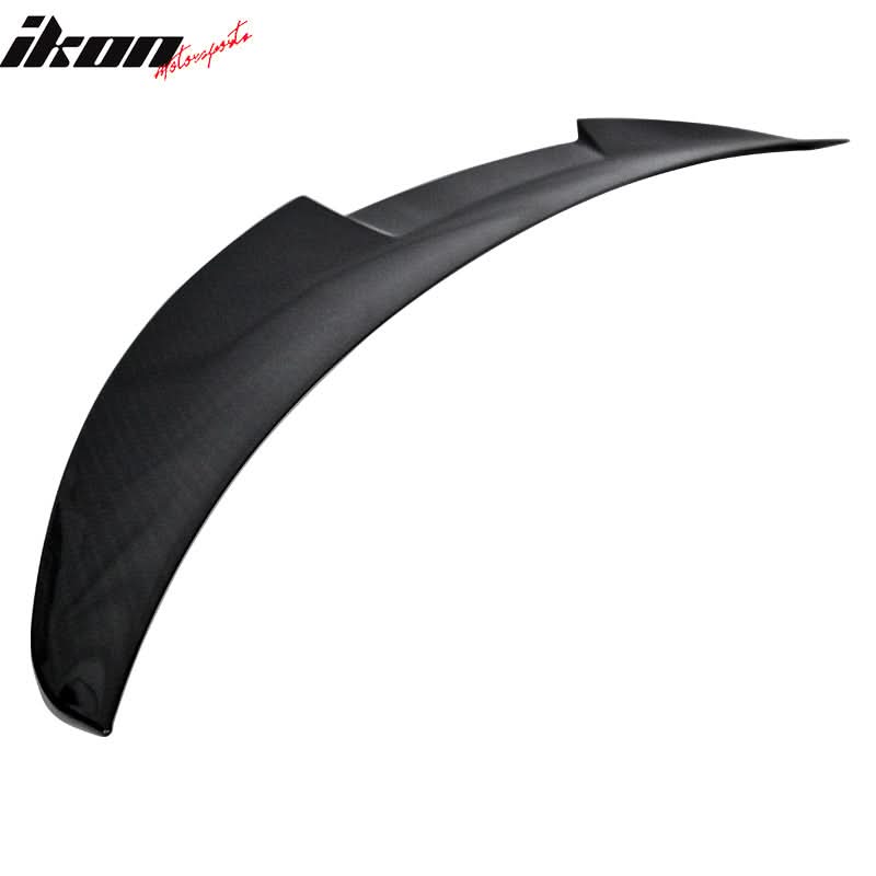 Black carbon fiber trunk spoiler for 2015-2020 BMW F82 M4 coupe, made by K2 Industries, shown with side profile and detailed finish.