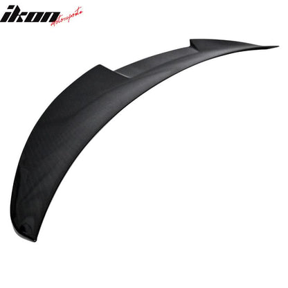 Black carbon fiber trunk spoiler for 2015-2020 BMW F82 M4 coupe, made by K2 Industries, shown with side profile and detailed finish.
