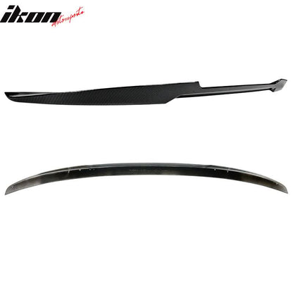 BMW F82 M4 trunk spoiler in carbon fiber print, designed for 2015-2020 coupe by K2 Industries, shown with adhesive backing.