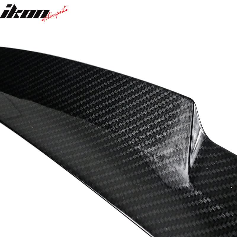 BMW F82 M4 coupe trunk spoiler in carbon fiber print, K2 Industries, with a sleek aerodynamic design and detailed weave pattern.