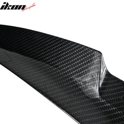 BMW F82 M4 coupe trunk spoiler in carbon fiber print, K2 Industries, with a sleek aerodynamic design and detailed weave pattern.