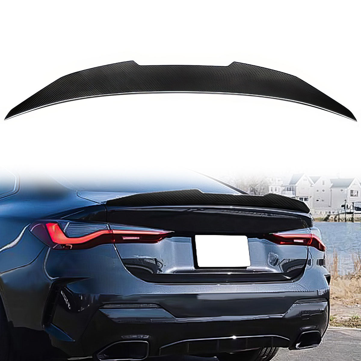BMW G22 430i G82 M4 PSM trunk spoiler by K2 Industries, made of ABS, shown on a sleek car with aerodynamic design.