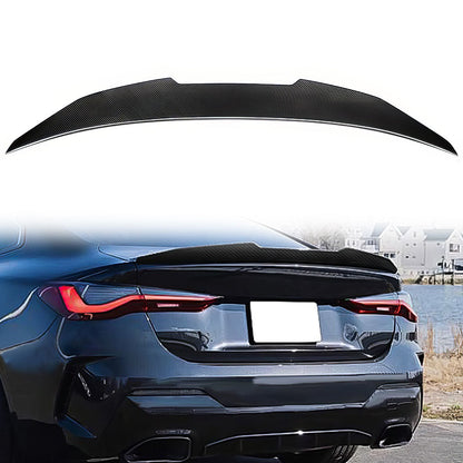 BMW G22 430i G82 M4 PSM trunk spoiler by K2 Industries, made of ABS, shown on a sleek car with aerodynamic design.