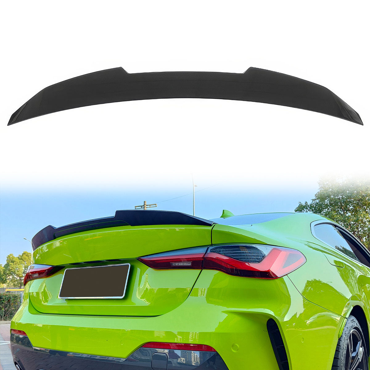 Black ABS trunk spoiler for BMW G22 430i and G82 M4 by K2 Industries, sleek aerodynamic design for enhanced sporty look.