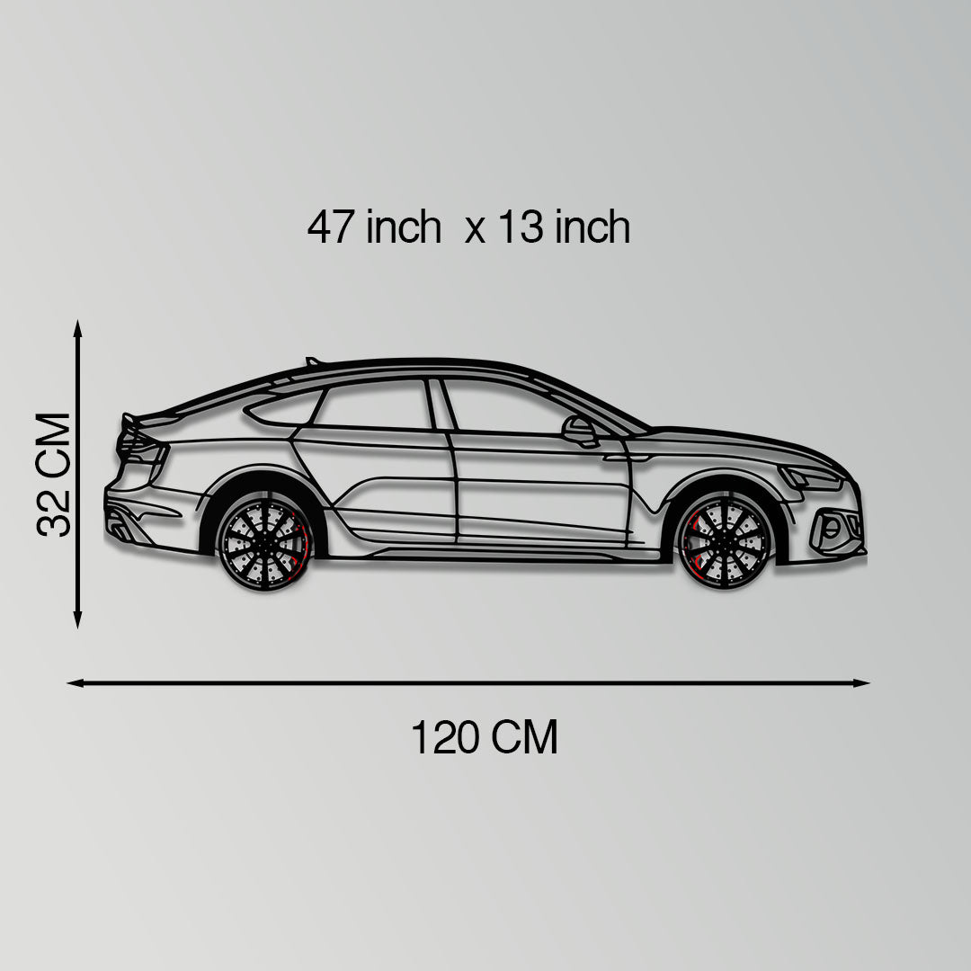 Audi RS5 Metal Car Wall Art with Rotating Wheels - Performance Sportback Silhouette Decor - Interactive Automotive Wall Art - KAFMEKA097