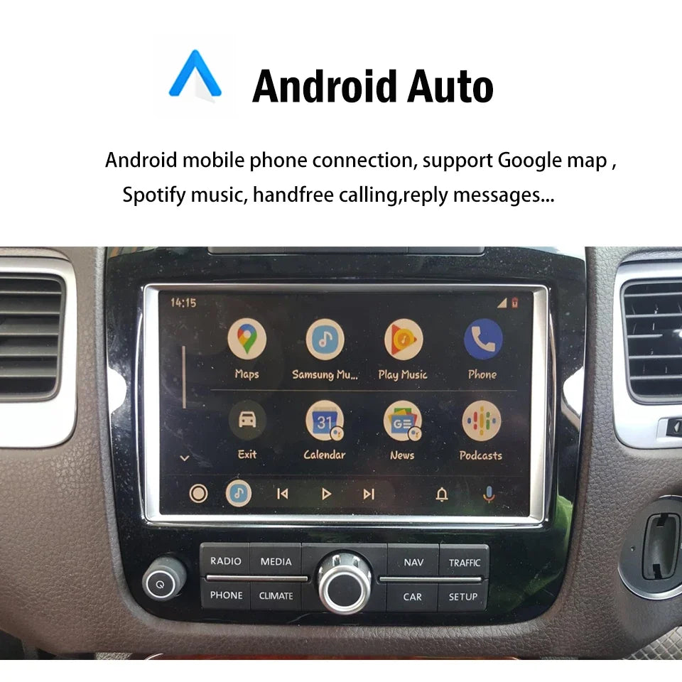 Car infotainment display showing Android Auto interface with a touchscreen dashboard console, including app icons for Maps, Samsung Play, Spotify music, Phone, Radio, Media, Navigation, Traffic, Phone, Climate, and Setup.