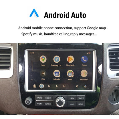 Car infotainment display showing Android Auto interface with a touchscreen dashboard console, including app icons for Maps, Samsung Play, Spotify music, Phone, Radio, Media, Navigation, Traffic, Phone, Climate, and Setup.