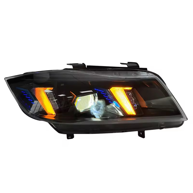 Vekto dual-color laser LED headlights for BMW 3 Series E90 2005-2012, showcasing sleek design and bright illumination.