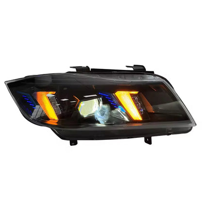 Vekto dual-color laser LED headlights for BMW 3 Series E90 2005-2012, showcasing sleek design and bright illumination.