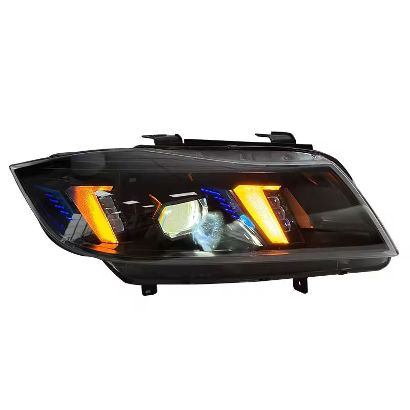 Vekto dual-color laser LED headlights installed on a BMW 3 Series E90 2005-2012, showing the modern lighting design and features.