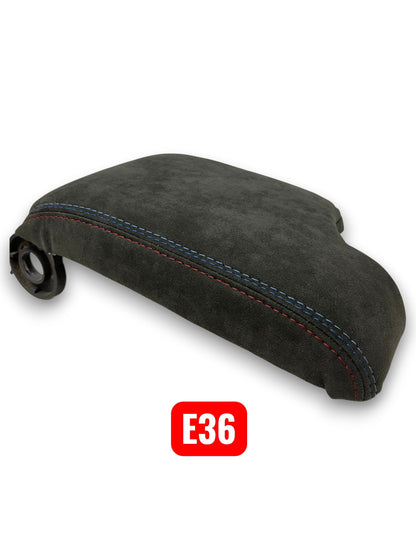 Charcoal black Alcantara BMW E36 E46 center console armrest cover by JTS Custom Upholstery, designed for 1994-2006 models.