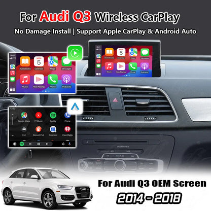 Promotional graphic for an Audi Q3 wireless CarPlay/OEM screen adapter, showing two smartphone display mockups with CarPlay and Android Auto interfaces, a car dashboard interior, a white Audi Q3, and text reading 'For Audi Q3 Wireless CarPlay' and 'For Audi Q3 OEM Screen 2014-2018'.