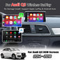 Promotional graphic for an Audi Q3 wireless CarPlay/OEM screen adapter, showing two smartphone display mockups with CarPlay and Android Auto interfaces, a car dashboard interior, a white Audi Q3, and text reading 'For Audi Q3 Wireless CarPlay' and 'For Audi Q3 OEM Screen 2014-2018'.