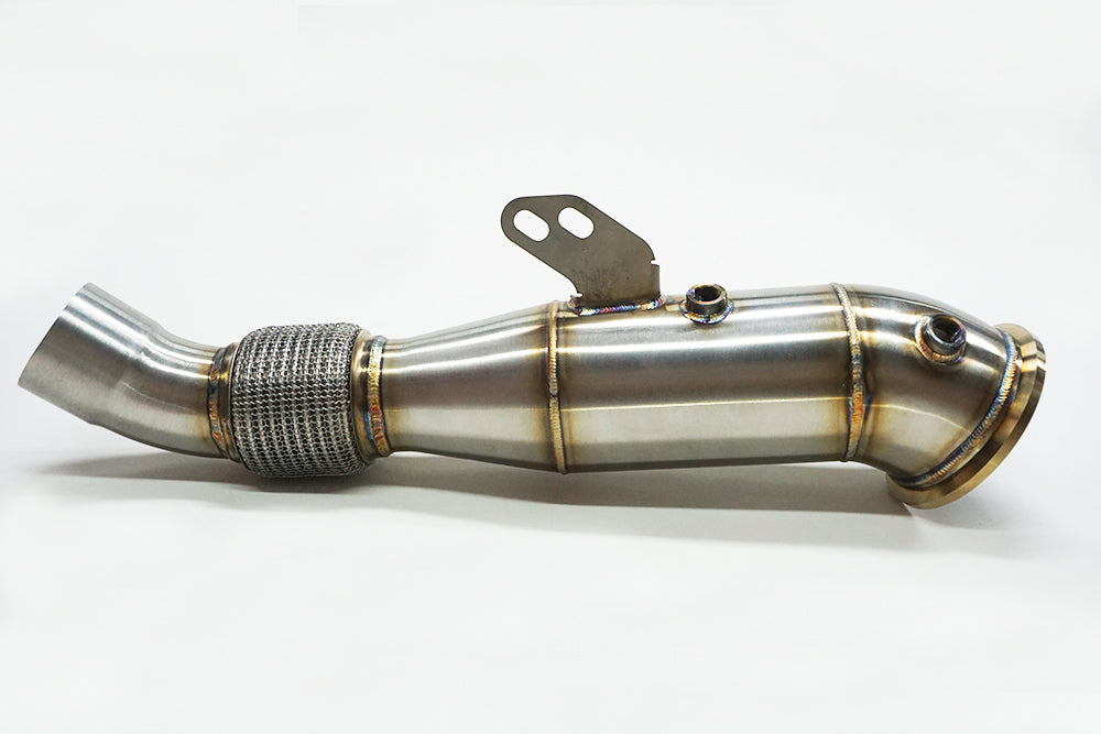 Palenon Performance B58 BMW G22 M440i and G20 M340i catback exhaust system with polished stainless steel muffler and dual exhaust tips.