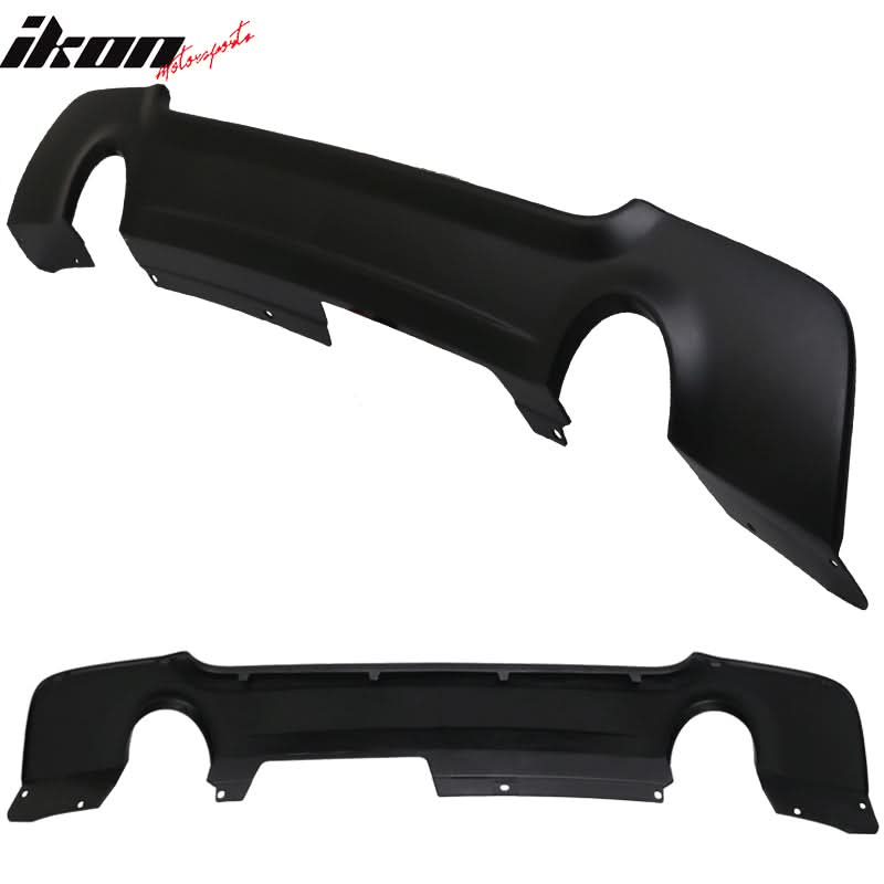 Unpainted rear bumper diffuser for BMW E92 335 M-Tech Msport by K2 Industries, made of PP, shown on a car with a border.