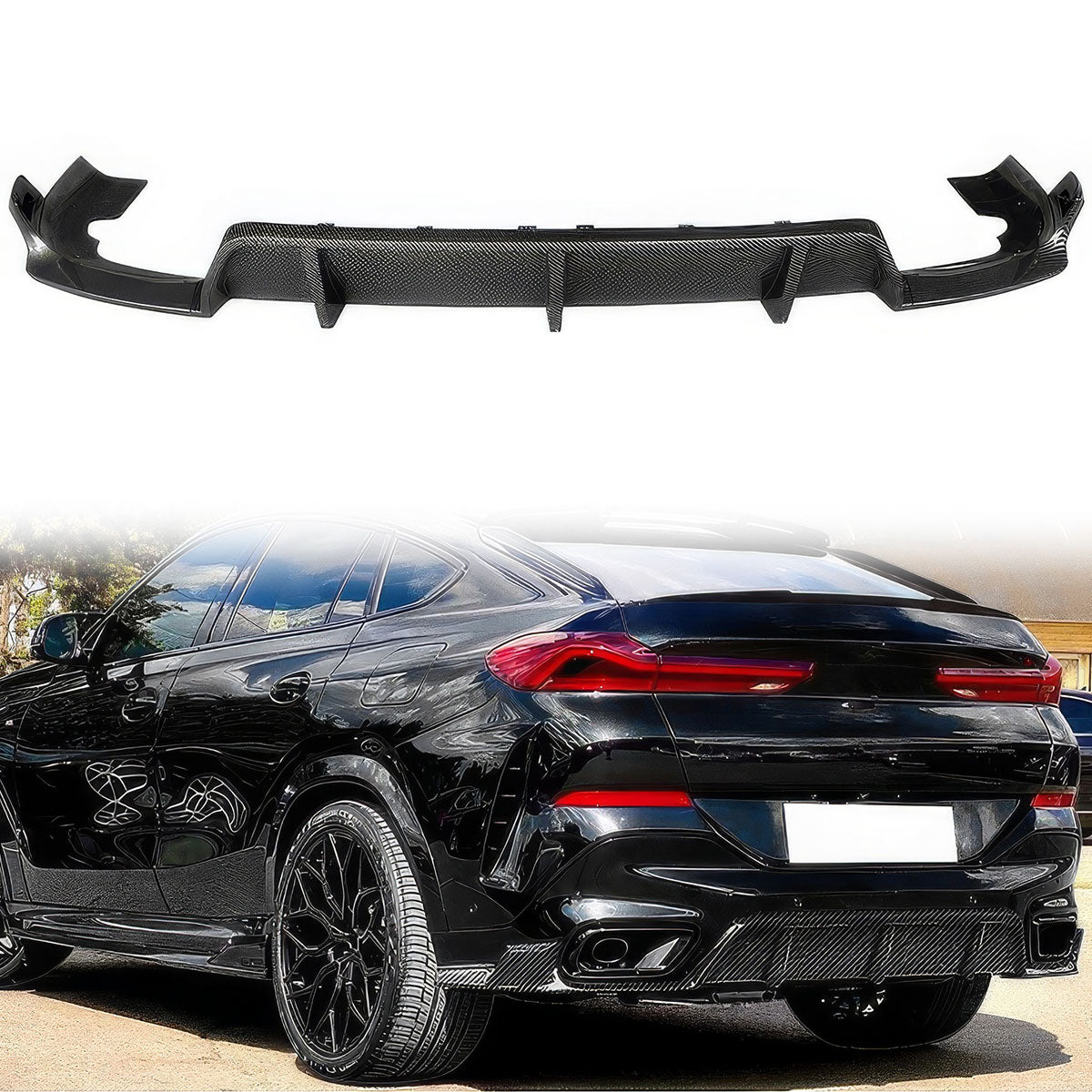 Gloss black Bmw G06 X6 Ikon Style rear bumper diffuser by K2 Industries, showcasing sleek design and high-quality finish.