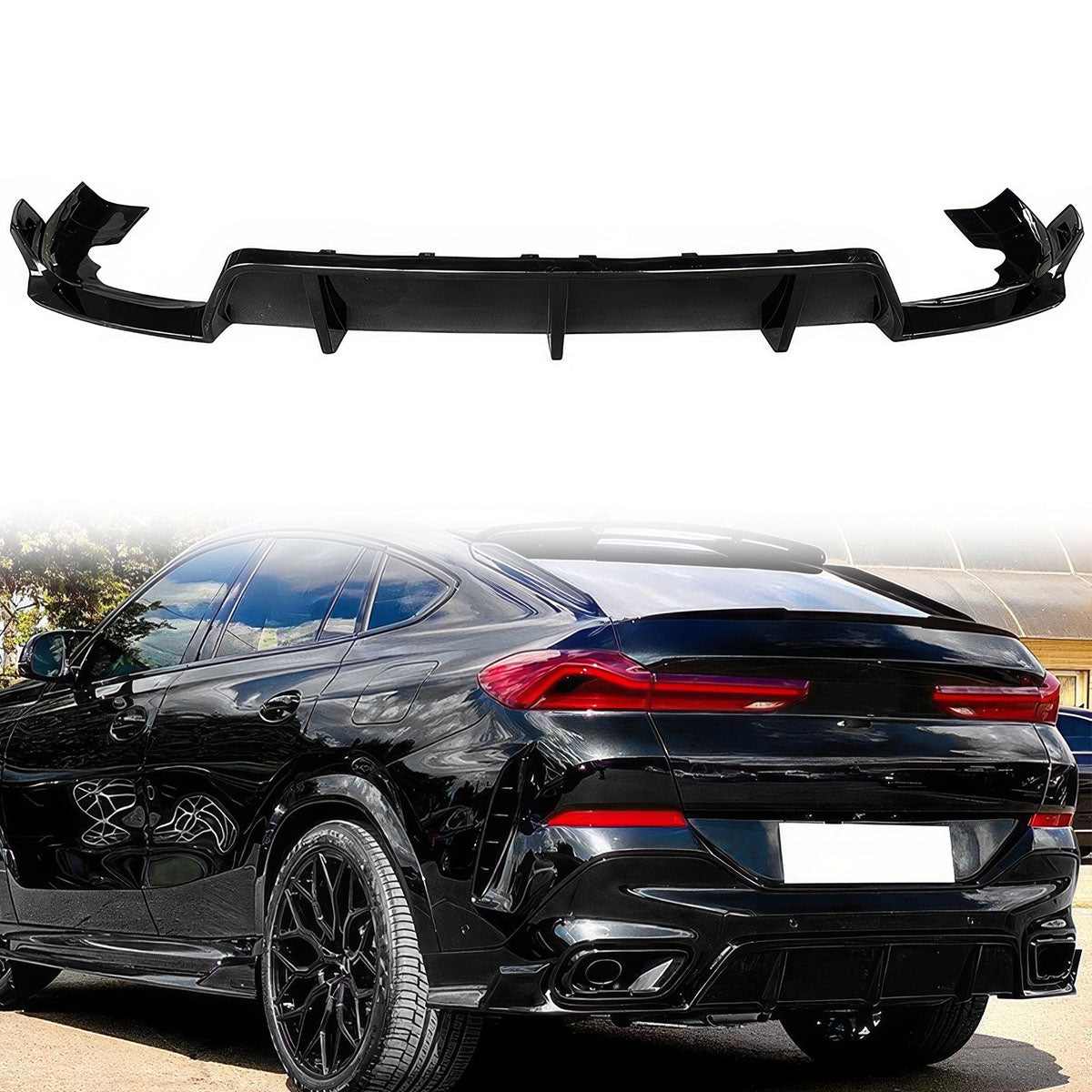 Gloss black rear bumper diffuser for BMW G06 X6 (2020-2023) by K2 Industries, featuring sleek, aerodynamic design.