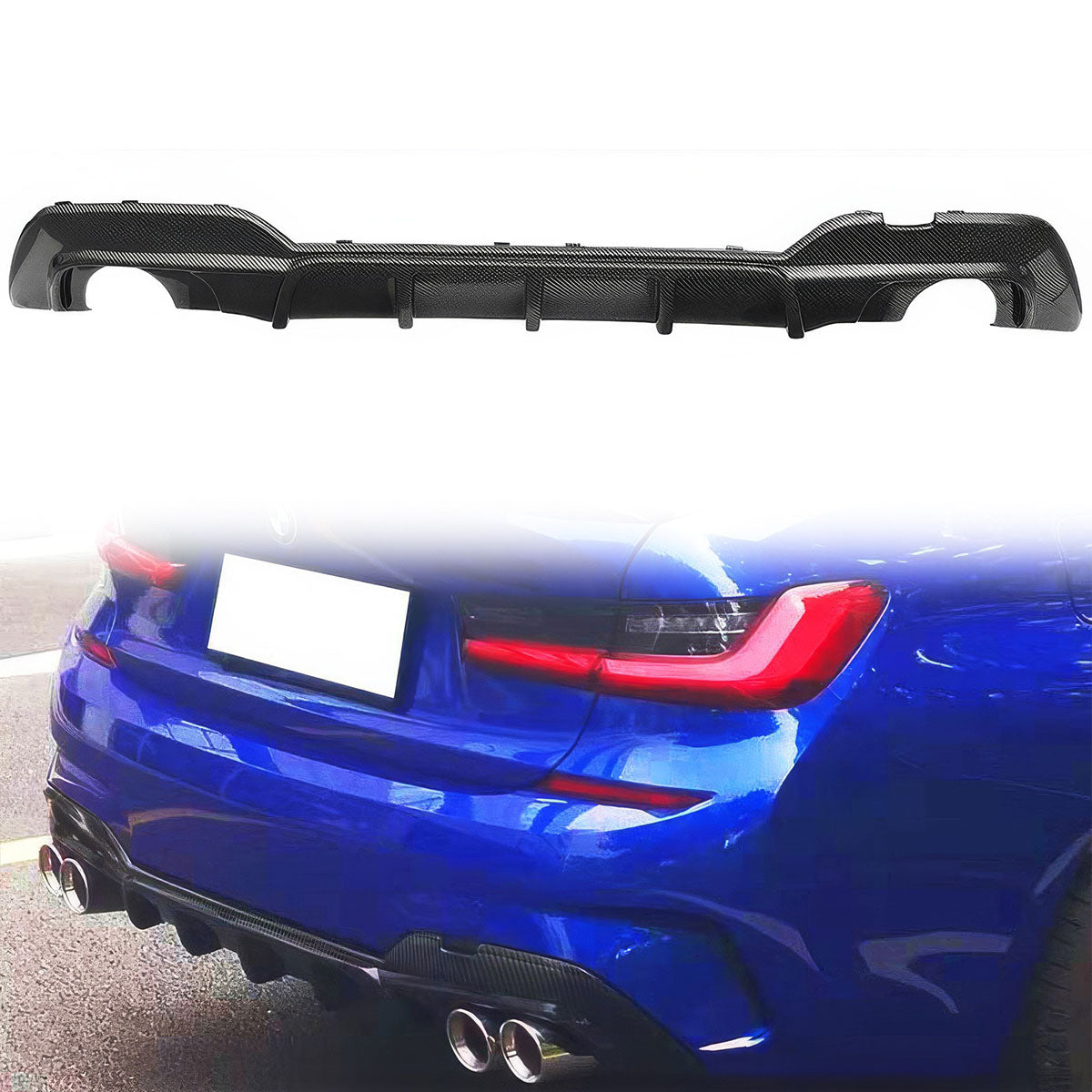 BMW G20 330i M Sport rear diffuser bumper lip by K2 Industries, made of durable PP, shown in black with textured finish.