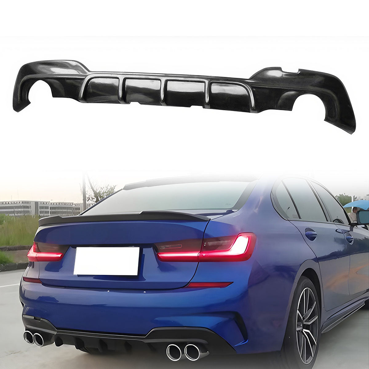 BMW G20 330i M Sport rear diffuser bumper lip by K2 Industries, made of durable PP, shown in black with detailed design elements.