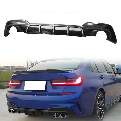 BMW G20 330i M Sport rear diffuser bumper lip by K2 Industries, made of durable PP, shown in black with detailed design elements.