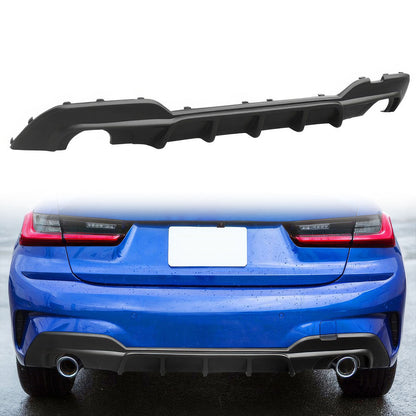 BMW G20 330i M Sport rear diffuser bumper lip in black polypropylene by K2 Industries, showcasing the aerodynamic design.