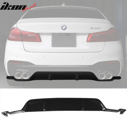 BMW G30 5 Series 2017-2020 rear bumper diffuser in glossy black, 3D style, by K2 Industries, shown with detailed design and finish.
