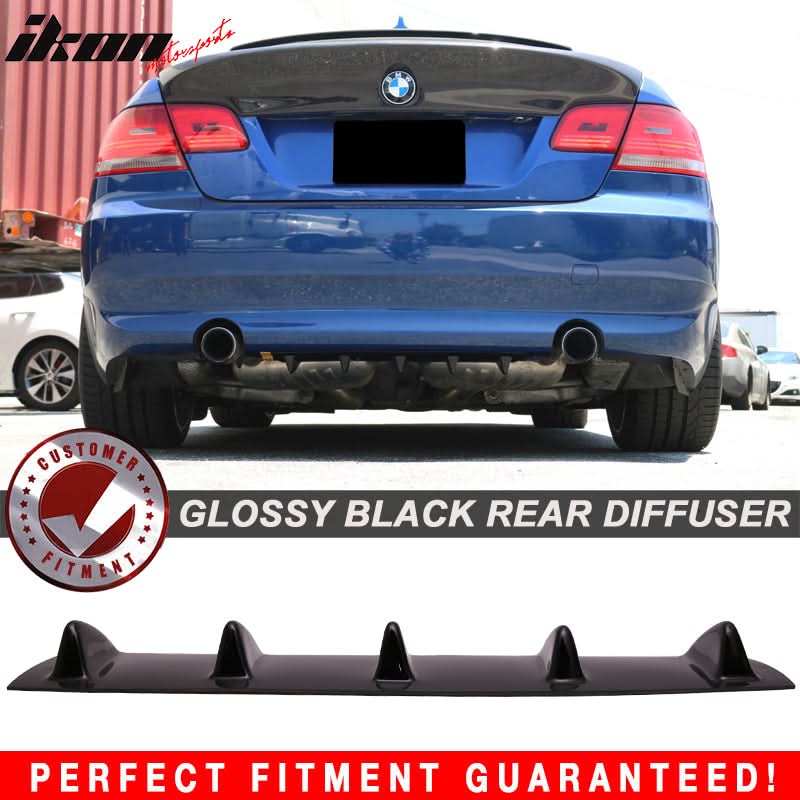 Gloss black ABS rear diffuser for BMW E90 E91 E92 E93 3 Series, designed by K2 Industries, shown on a 2006-2013 model.