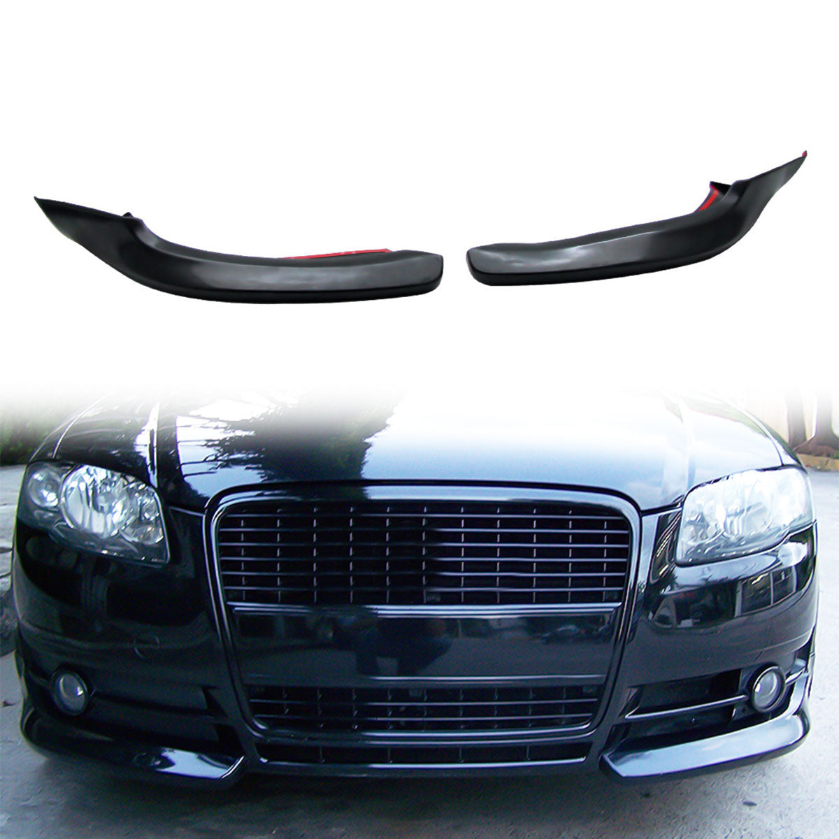 Unpainted black front lip splitter for Audi A4 B7 (2006-2008) by K2 Industries, made of durable polyurethane, for sporty styling.