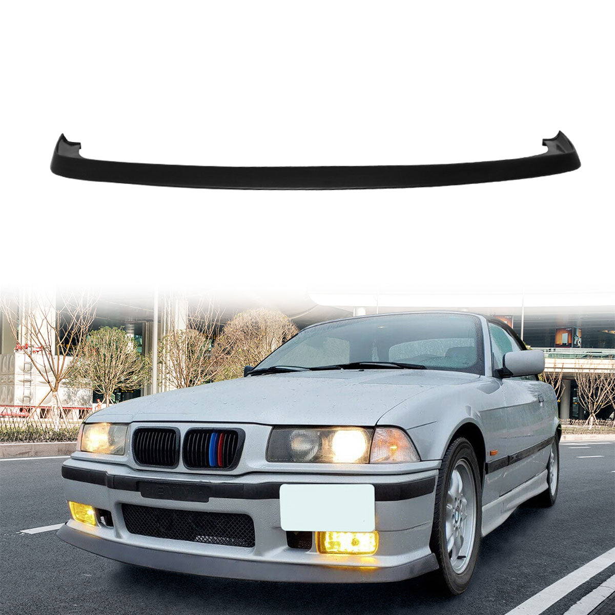 K2 Industries BMW E36 M3 front lip spoiler, PU, for 1992-1998 2-door and 4-door models, enhances aerodynamics and style.