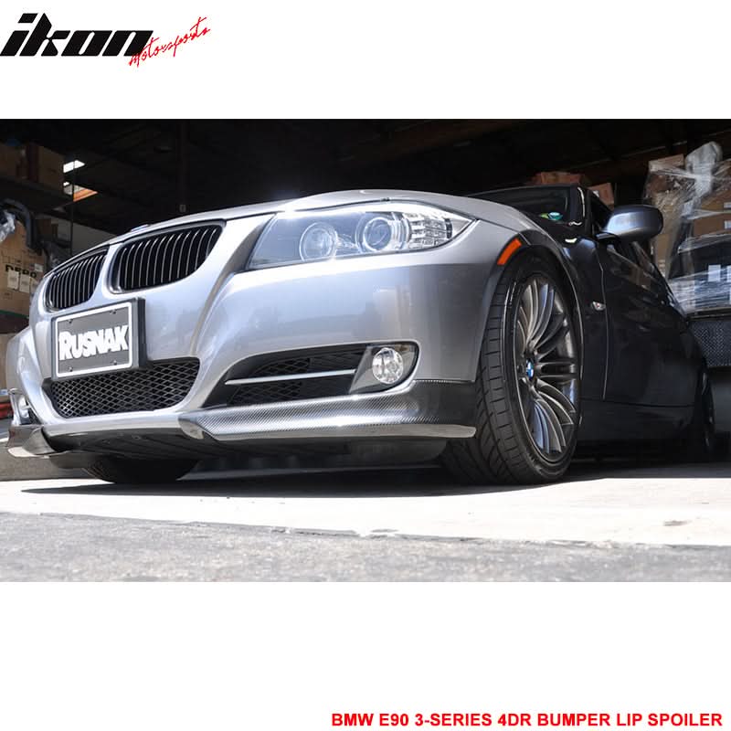 BMW E90 3 Series 4-door Euro style front lip splitter in matte carbon fiber by K2 Industries, showing detailed textured finish.