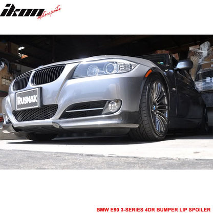 BMW E90 3 Series 4-door Euro style front lip splitter in matte carbon fiber by K2 Industries, showing detailed textured finish.