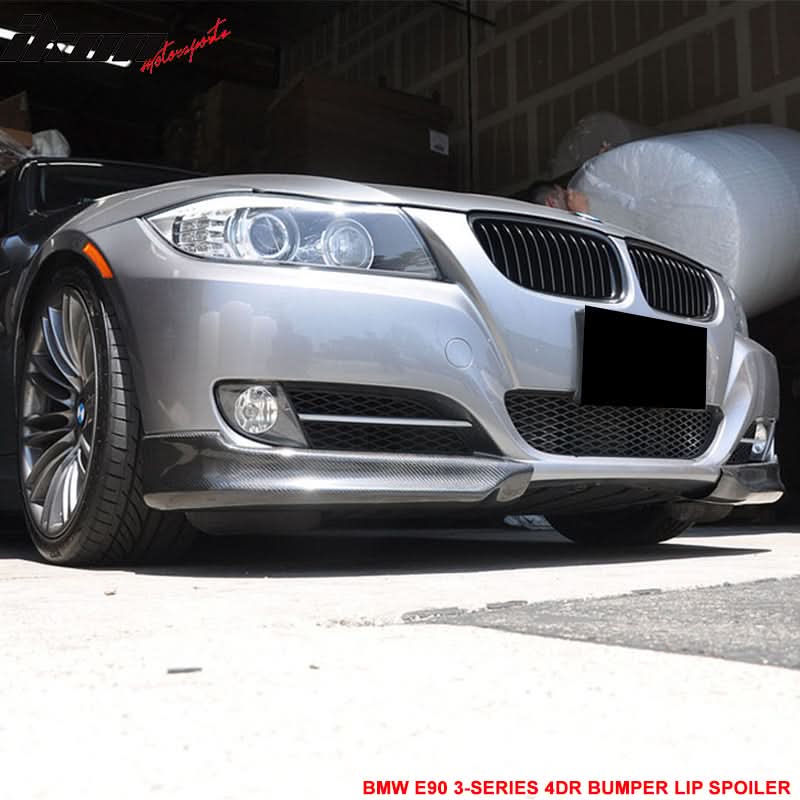 BMW E90 3 Series 2005-2008 matte carbon fiber front lip splitter by K2 Industries, sleek EURO style spoiler for 4-door sedan