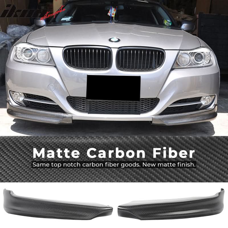 Matte carbon fiber front lip splitter for 2005-2008 BMW E90 3 Series 4-door, Euro style spoiler by K2 Industries.