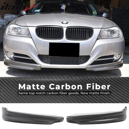 Matte carbon fiber front lip splitter for 2005-2008 BMW E90 3 Series 4-door, Euro style spoiler by K2 Industries.
